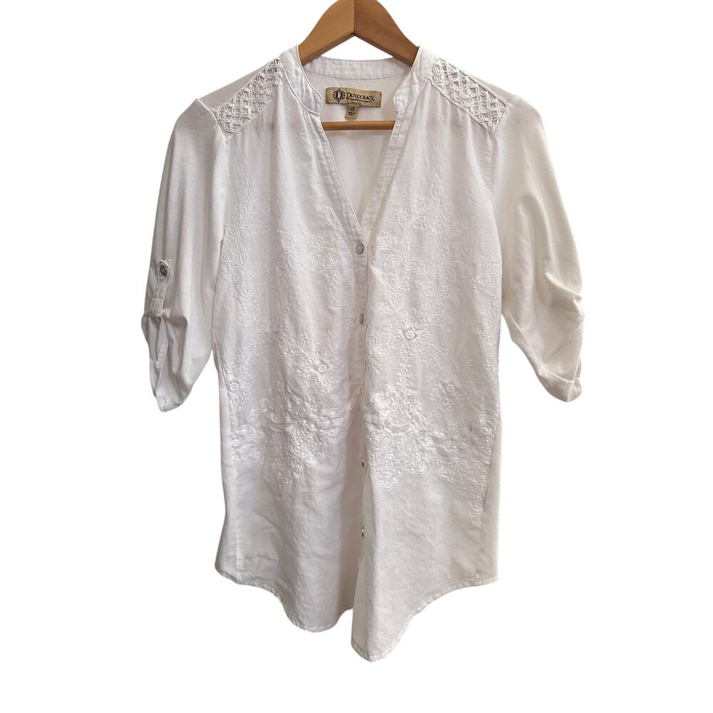 Democracy Women White Embroidered Button Down Blouse S Boho Roll Tab Sleeve